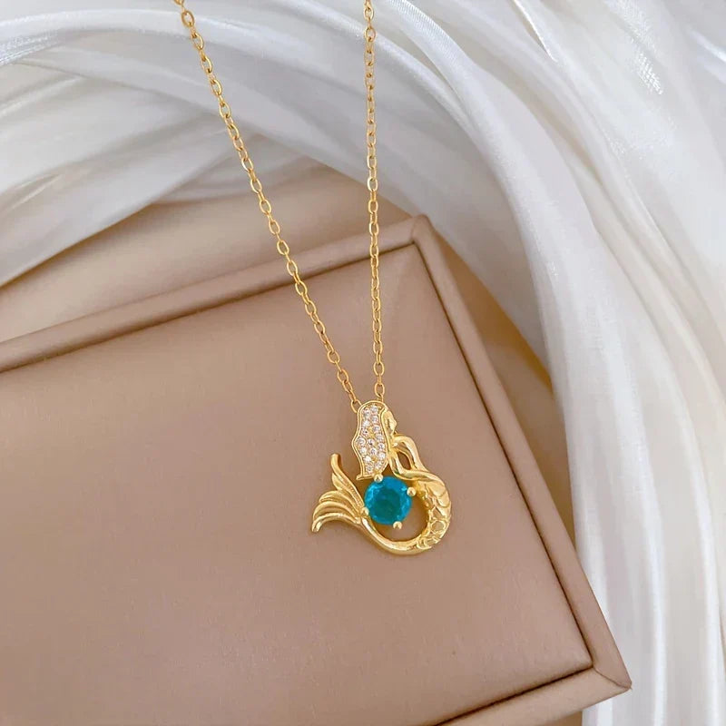 Marine Mermaid Necklace with Blue clear glass stone