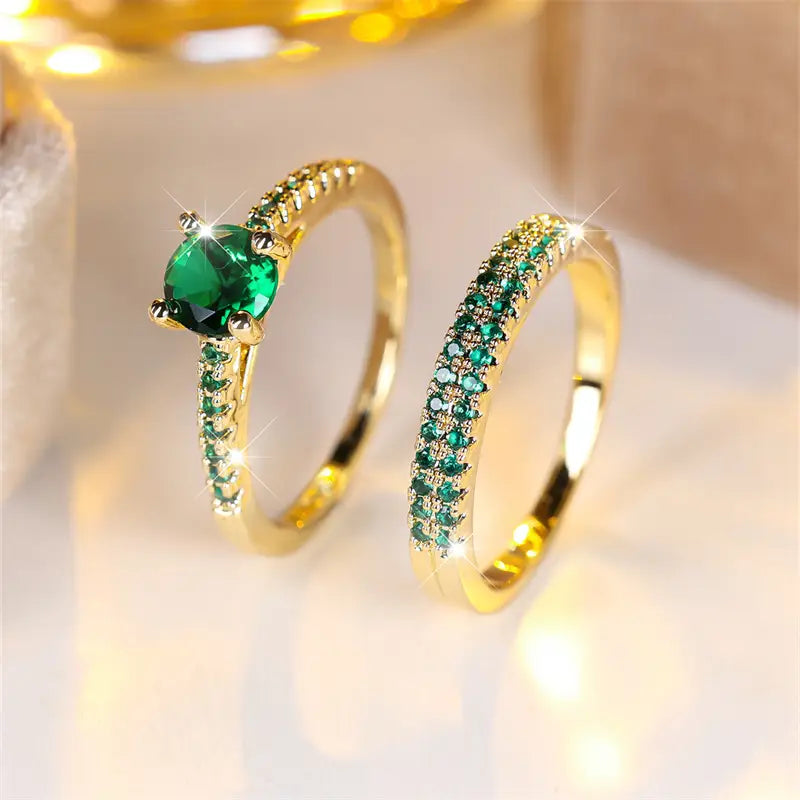 Serena green stone-style Duo Ring Set | Gold-Tone