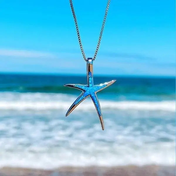 Silver blue opal-style and starfish necklace