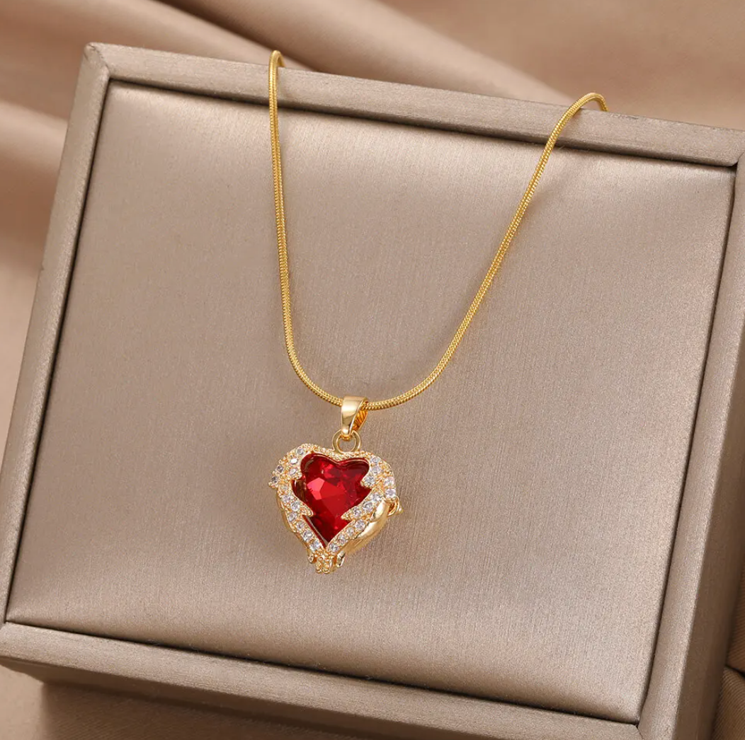 Gold-Plated Necklace with Red Heart and glass stone Accents