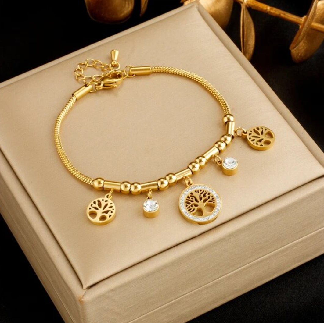 Gold-Tone Bracelet with 3 Trees of Life and glass stone Accents
