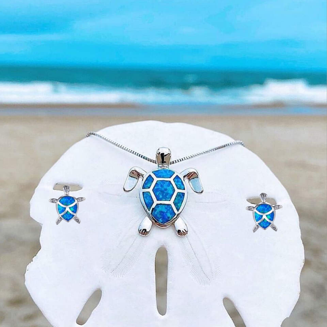 Set Necklace + Earrings Sea Turtle in opal-style and Silver