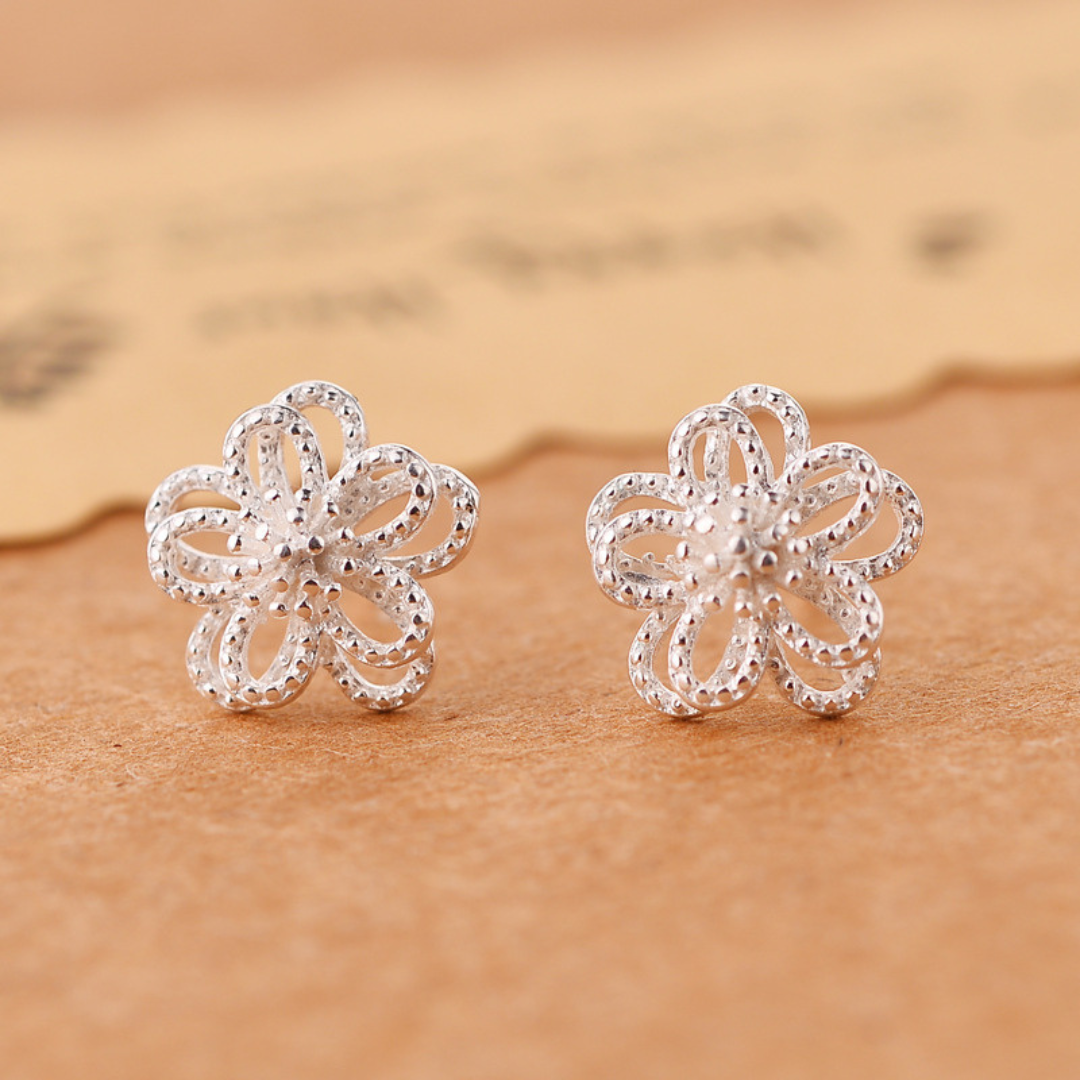 Silver-Tone fine 5-petal flower earrings