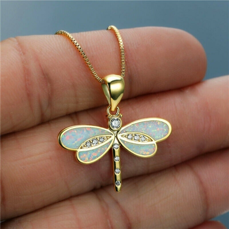 Gold-Tone Dragonfly Necklace with opal-style