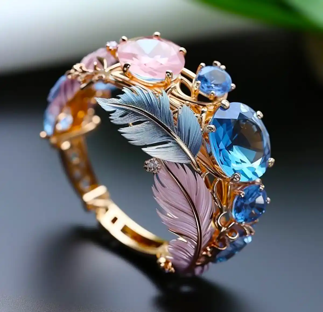 Vintage exotic glass stone feather ring