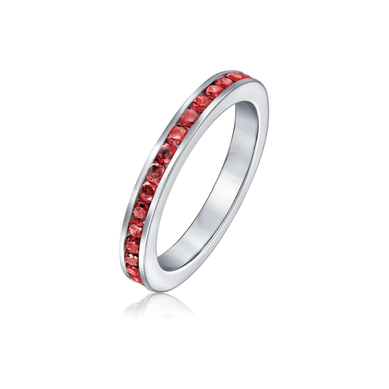red stone-style Eternity Band Ring | White Gold-Tone