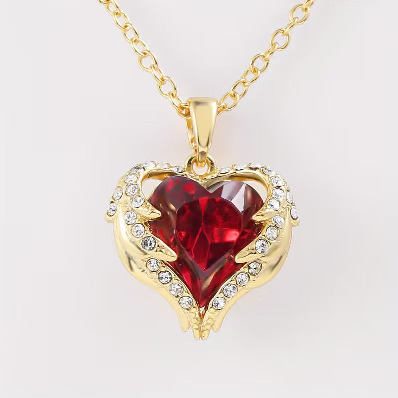 Angel Embrace red stone-style Heart Necklace | Gold-Tone