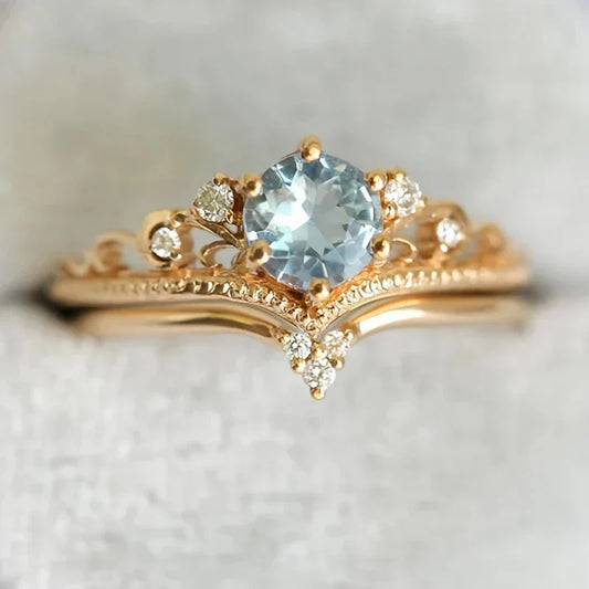 Gold-Tone Blue Princess Ring with Zirconia
