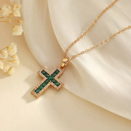 Solene green stone-style Cross Pendant Necklace | Gold-Tone