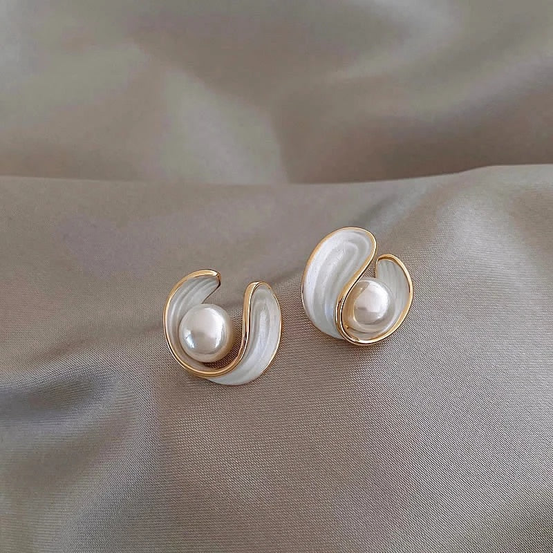 Elegant Gold-Tone White opal-style Earrings with bead-style
