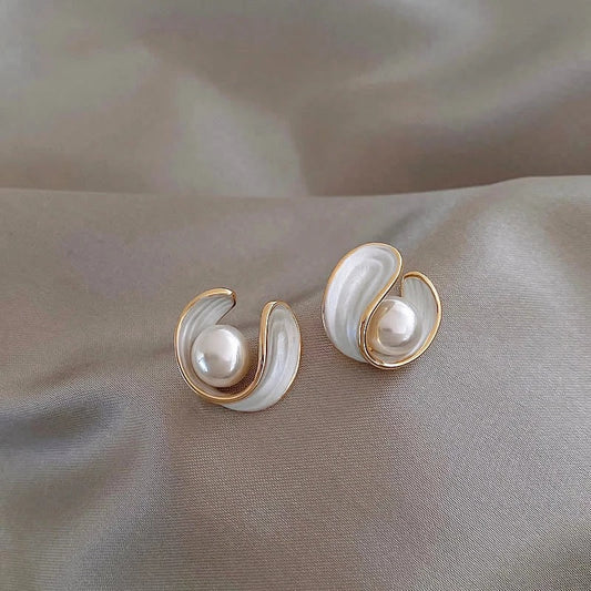 Elegant Gold-Tone White opal-style Earrings with bead-style