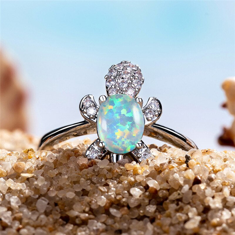 Adjustable Silver-Tone ring with turtle-shaped opal-style