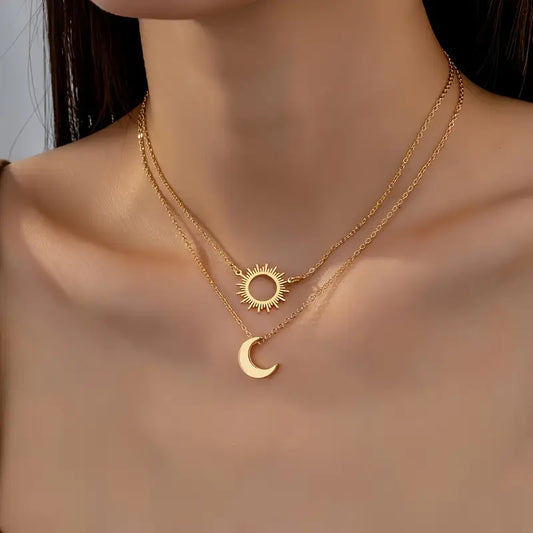 Set of 2 Necklaces with Sun and Moon Pendants - Vintage and Minimalist Style