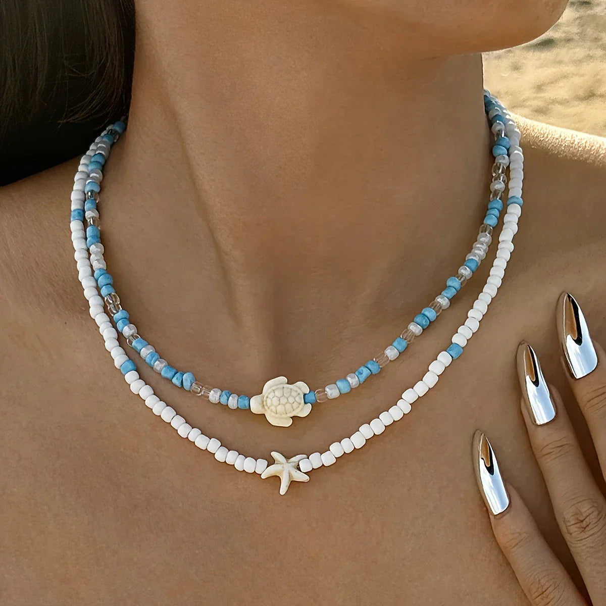 2-Piece Bohemian Necklace with Turtle and Starfish
