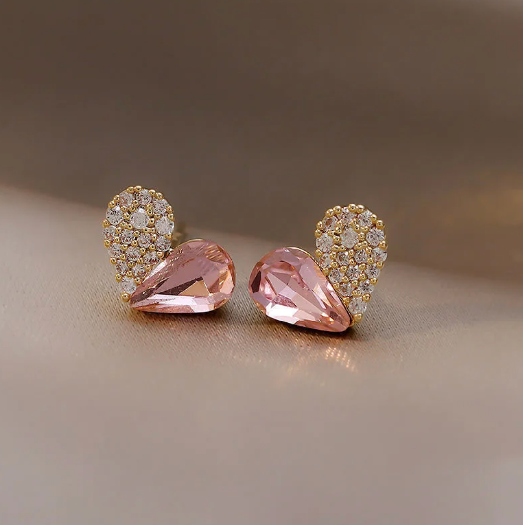 Gold-Plated Heart-Shaped Stud Earrings - Half pink glass stone and Half Zirconia