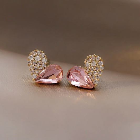 Gold-Plated Heart-Shaped Stud Earrings - Half pink glass stone and Half Zirconia