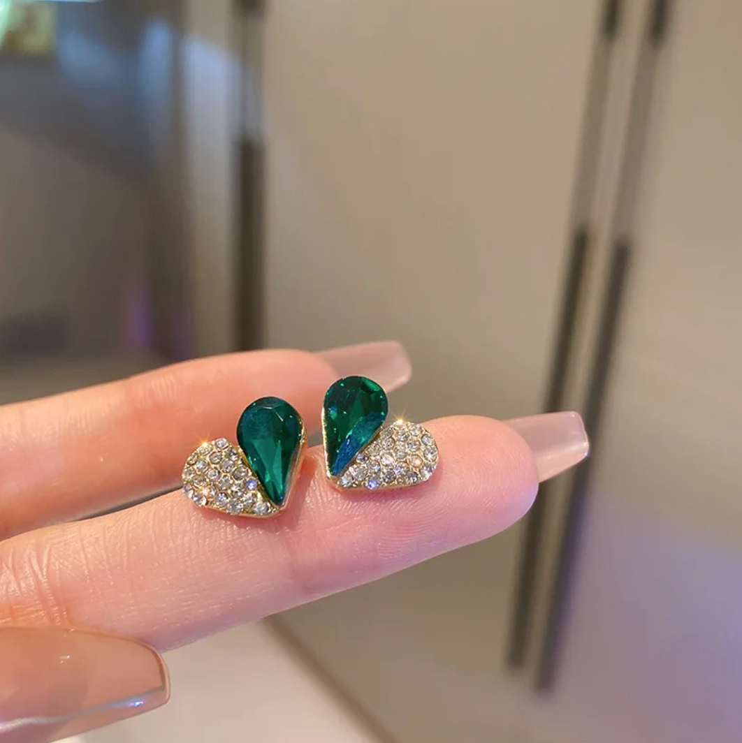 Gold-Plated Heart-Shaped Stud Earrings - Half green glass stone and Half Zirconia