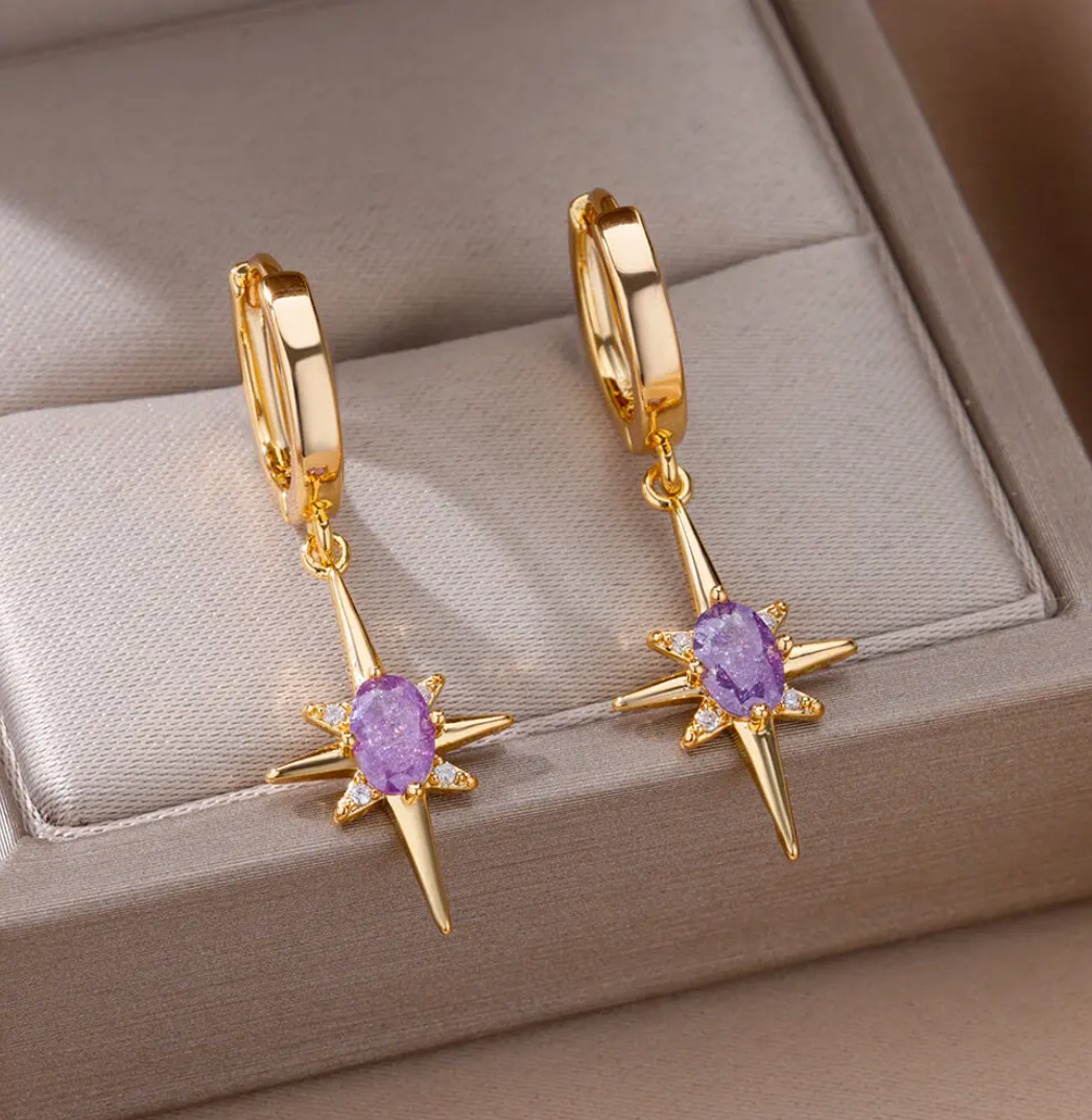 Gold-Plated Hoop Earrings with purple stone-style North Star Pendants