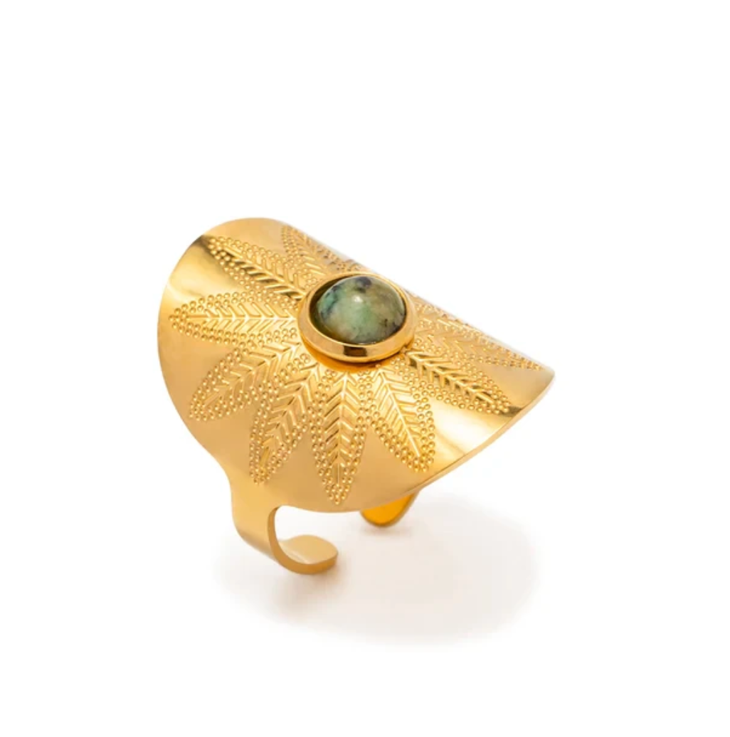 Gold-Plated Mayan Style Ring with Jade-Green Stone