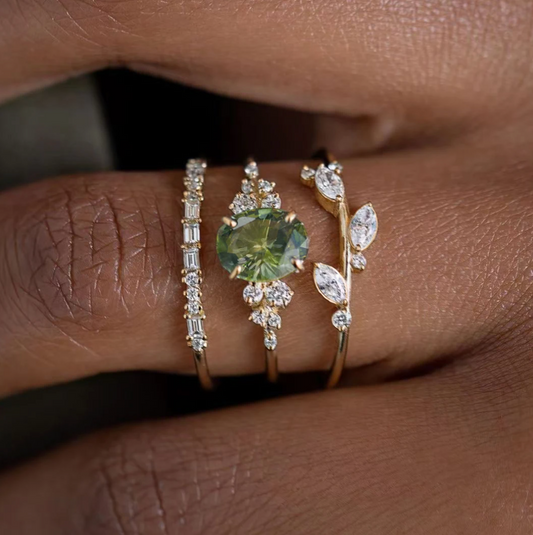 Triple Gold-Tone Ring with Leaves and Jade-Green Stone