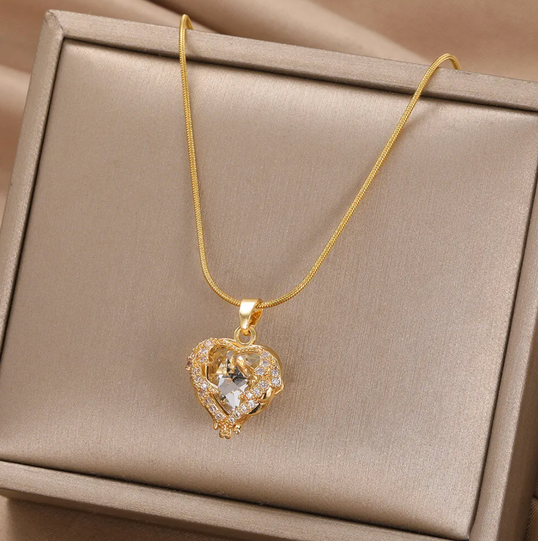 Gold-Plated Necklace with White Heart and glass stone Accents
