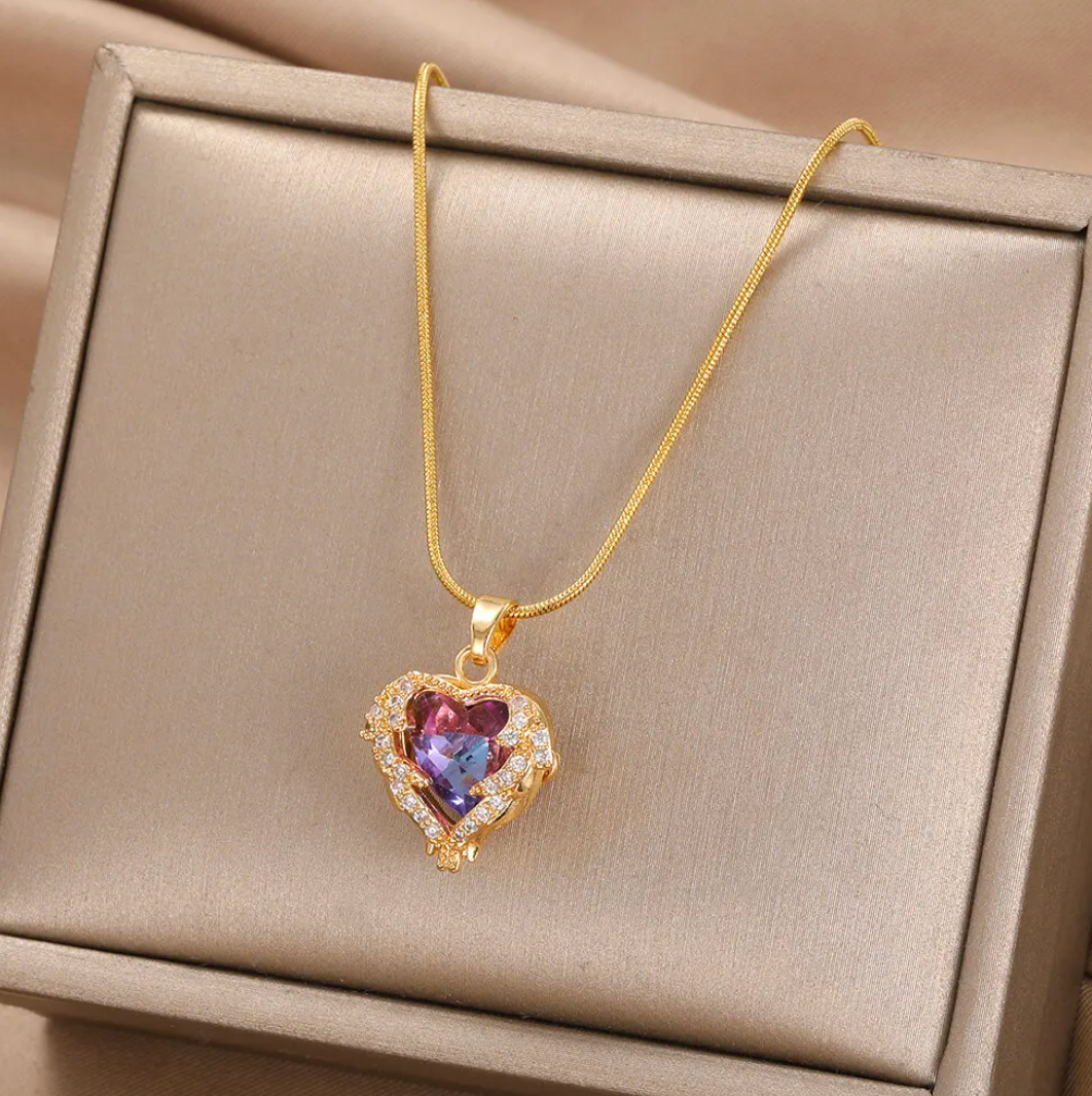 Gold-Tone Necklace with Purple Heart and glass stone Accents