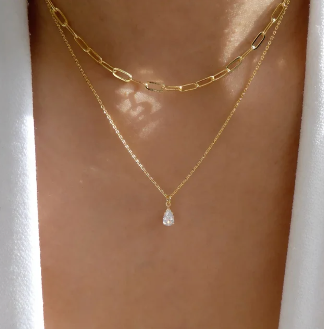 Double Gold-Tone Necklace with Chain and glass stone Accents