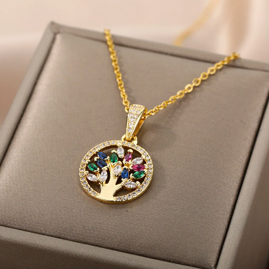 Gold-Tone Necklace with Tree of Life and Colored Zirconia Accents