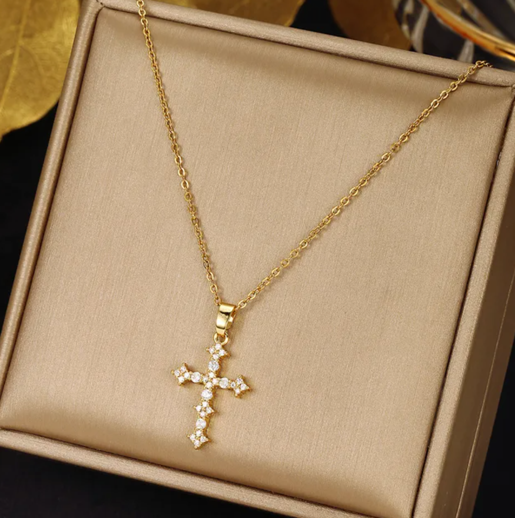 Gold-Tone Necklace with Small clear glass stone-Shaped Cross