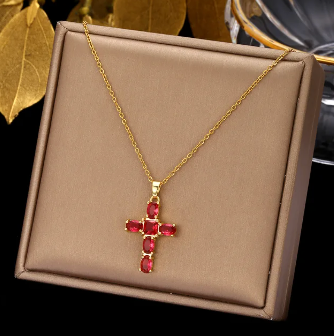 Gold-Plated Necklace with red glass stone Cross
