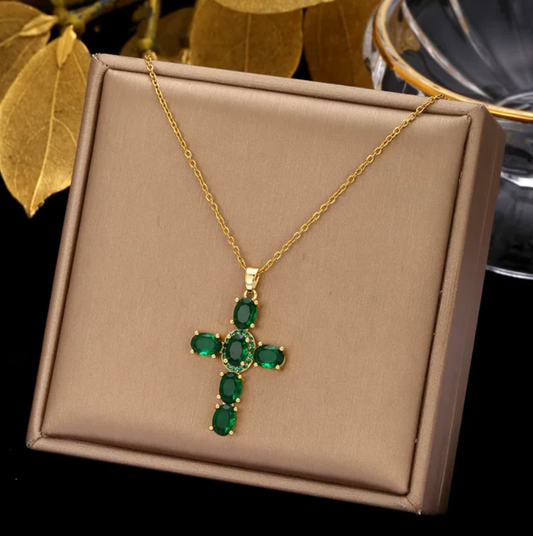 Gold-Plated Necklace with green glass stone Cross