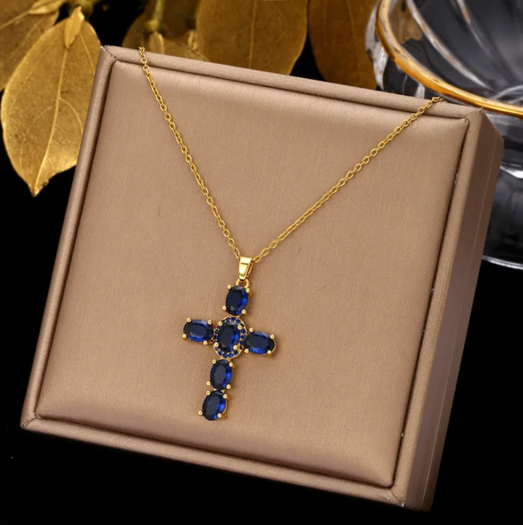 Gold-Plated Necklace with blue glass stone Cross