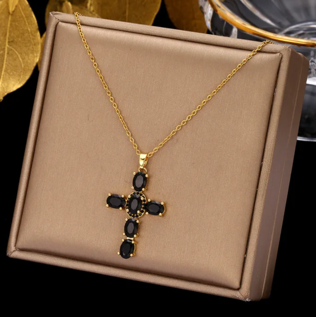 Gold-Plated Necklace with black glass stone Cross