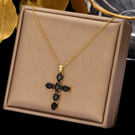 Gold-Plated Necklace with black glass stone Cross