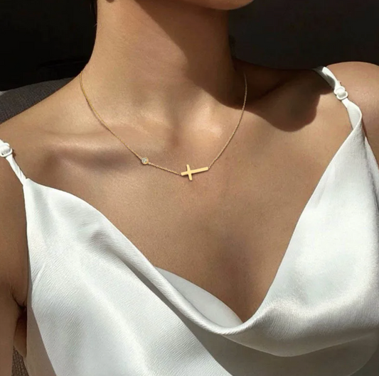 Gold-Plated Necklace with Classic Cross and glass stone Accents