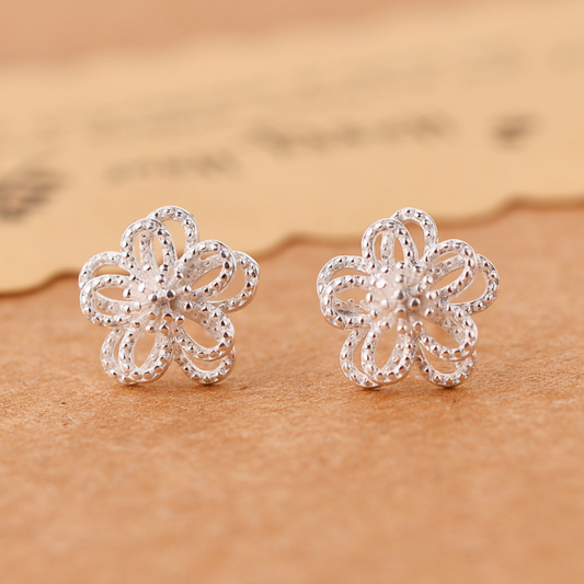 Silver-Tone fine 5-petal flower earrings