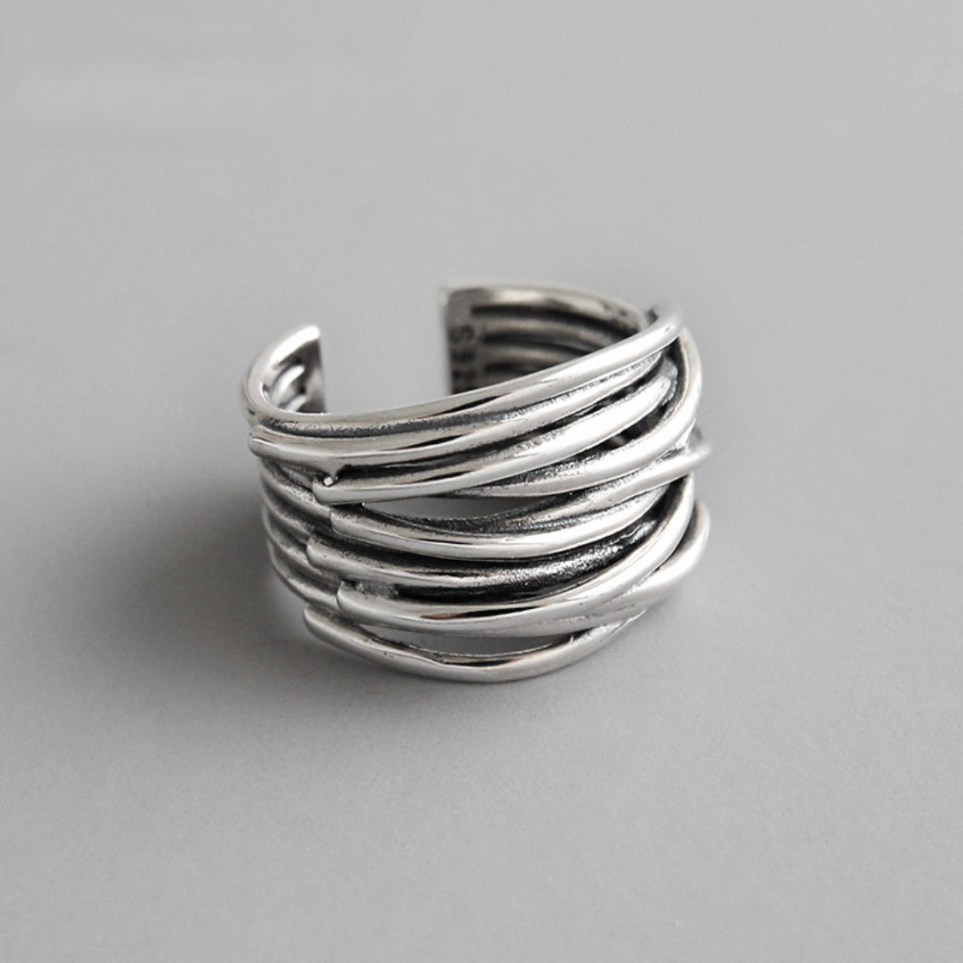 Wide adjustable modernist design ring in Silver-Tone
