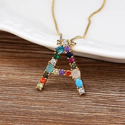 Necklace with Gold-Tone Initials and Stone-Style Accents