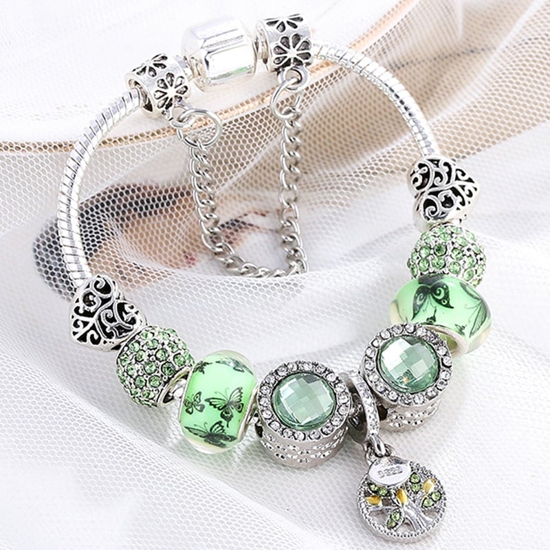 Silver and green glass stone Bracelet