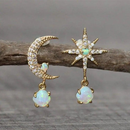 Gold-Tone and opal-style Moon and Star Earrings