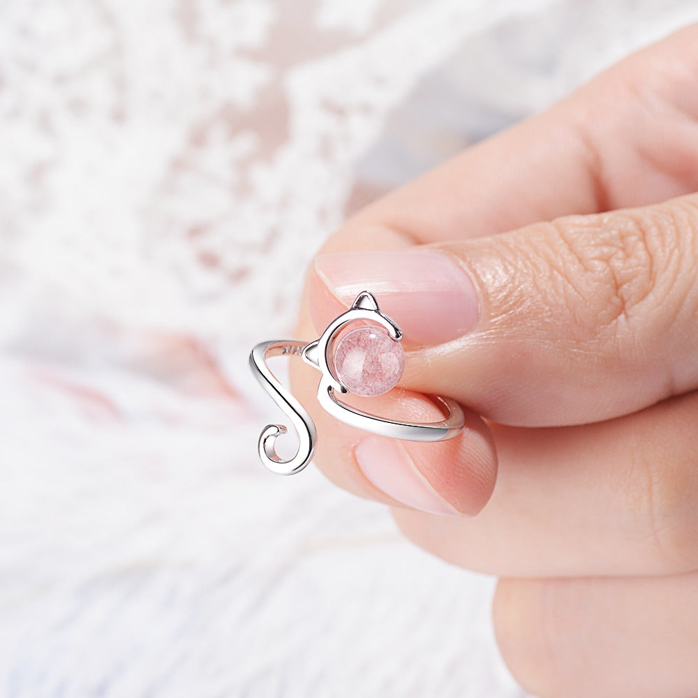 Silver-Tone and agate pink kitten ring