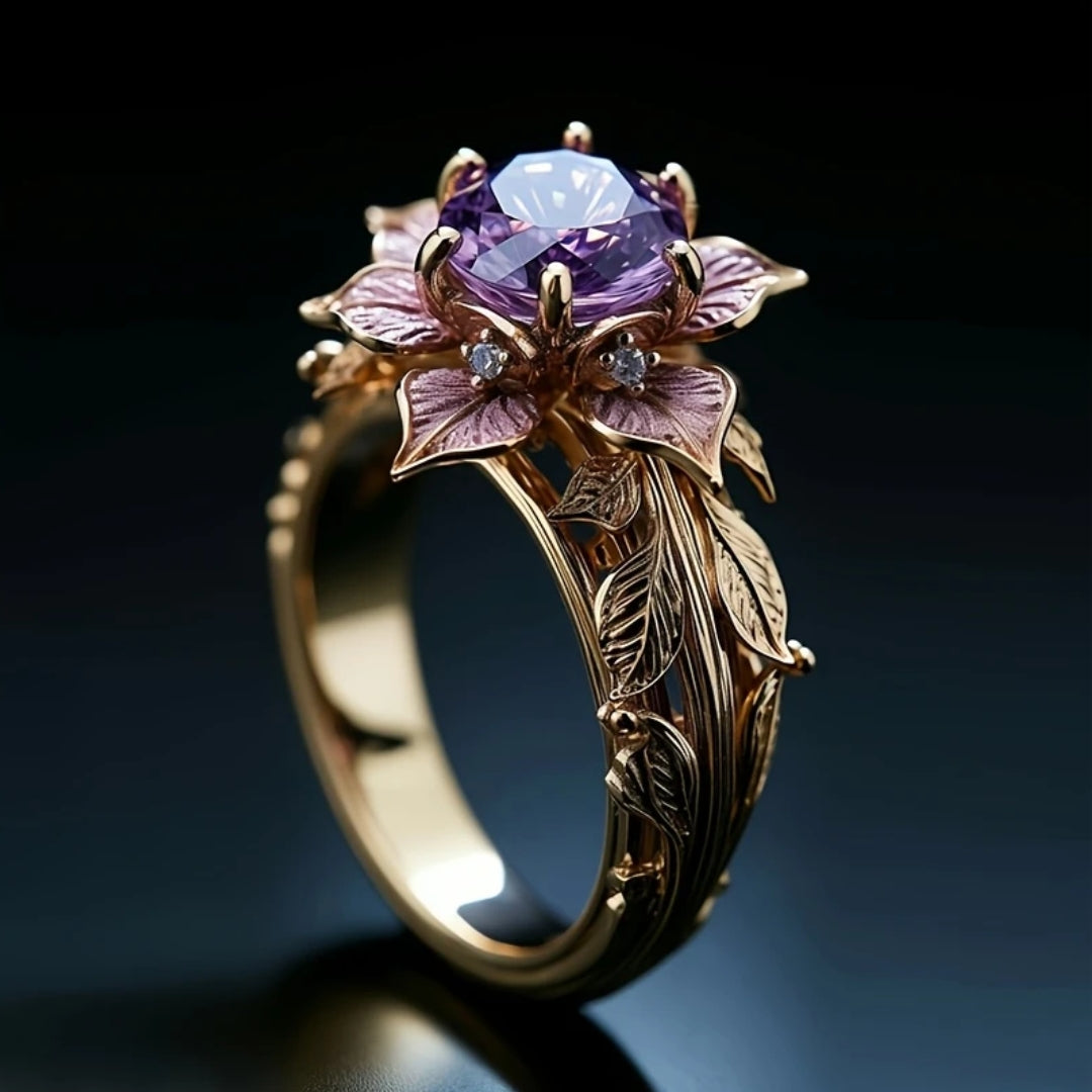 Exotic lilac flower ring with glass stone
