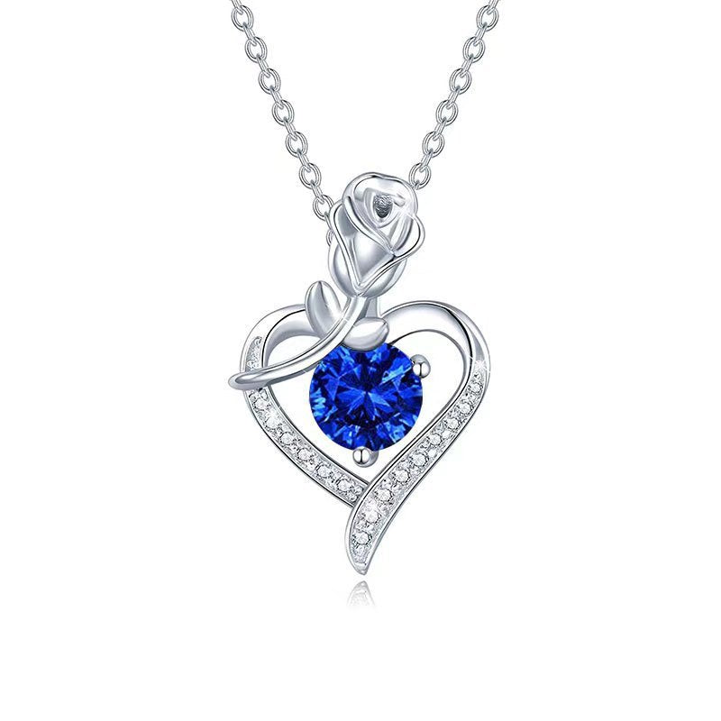 blue stone-style Rose Heart Necklace | White Gold-Tone