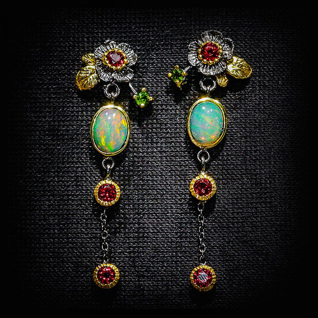 Vintage Earrings with Blue opal-style and Red Crystals in Gold-Tone