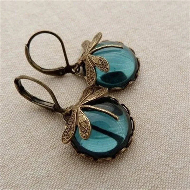 Vintage Antique Gold-Tone Dragonfly Earrings with glass stone