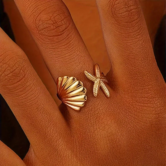 Elegant Gold-Tone Ring with Starfish and Shell