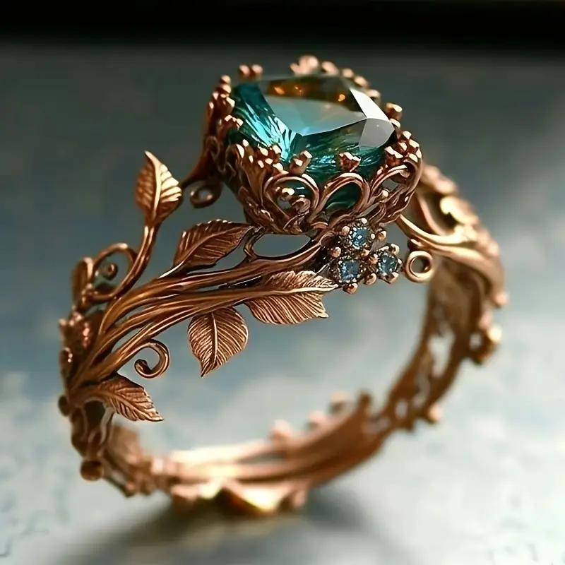 Nature green glass stone ring