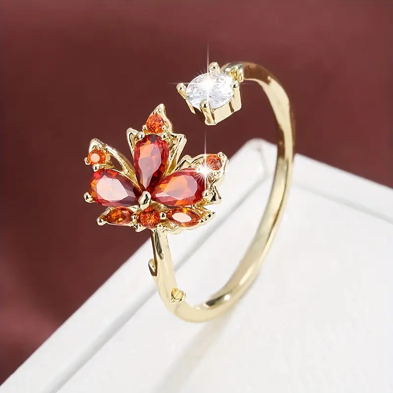Open glass stone leaf ring