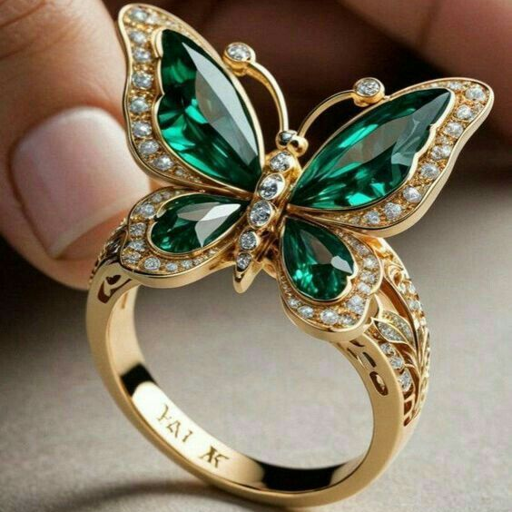 green glass stone Butterfly Ring in Gold-Tone