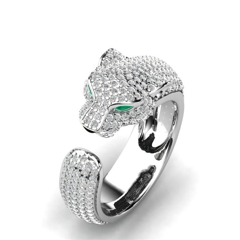 Adjustable Jaguar Ring in Silver and Rose Gold-Tone with Green Zirconia Eyes